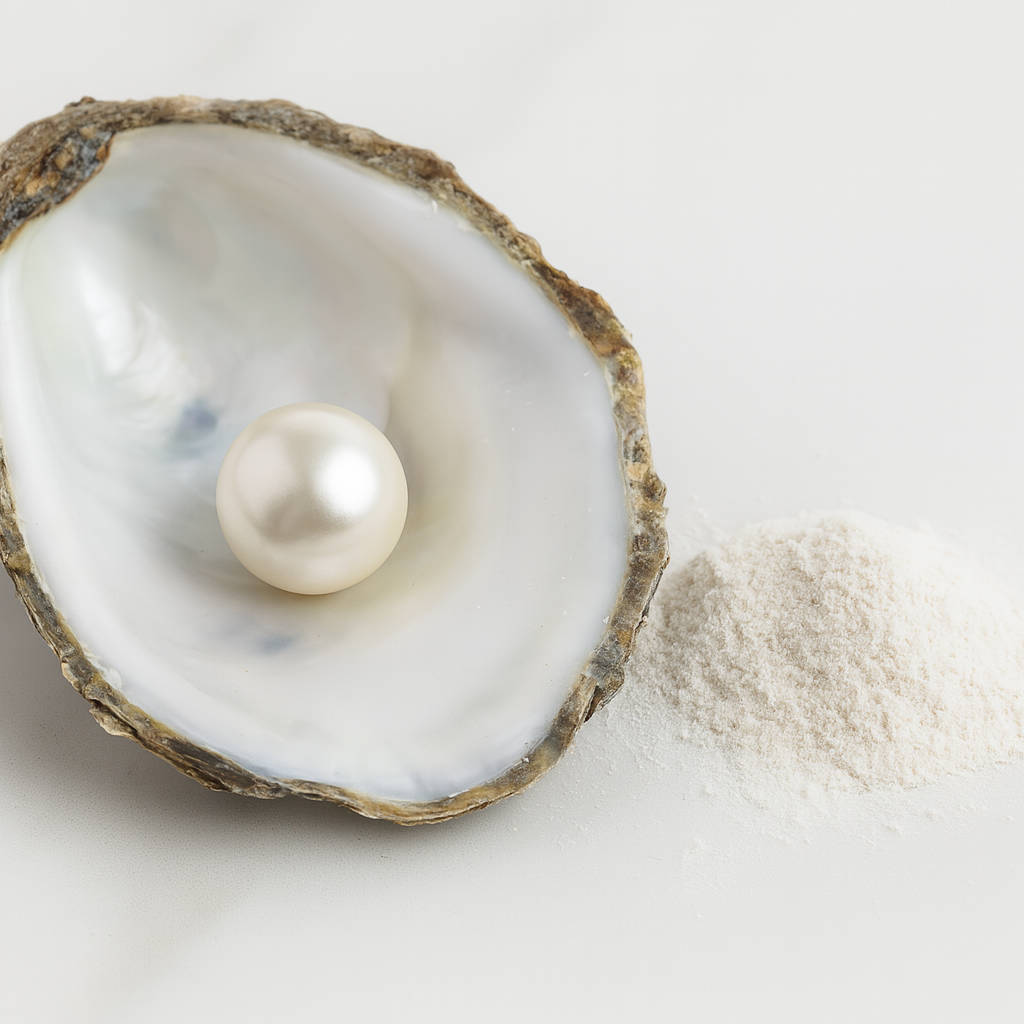 Pearl inside an oyster shell on a light background